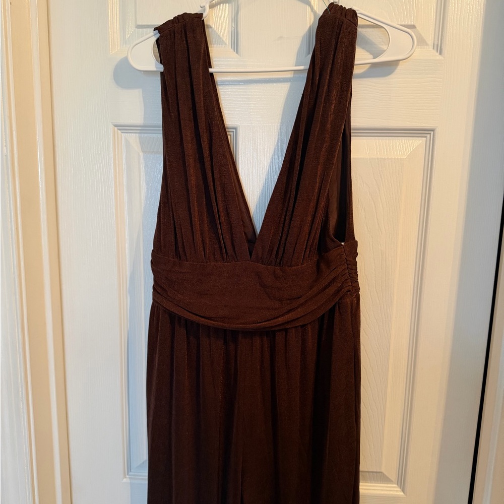 Brown Deep V Front/Back jumpsuit. Full legs w/ scooped waistband.